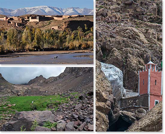 Upper left: Passing Berber villages on our way to camp; Lower left: Neltner refuge, our home during the climb; Right: Tomb of Sidi Chamharouche