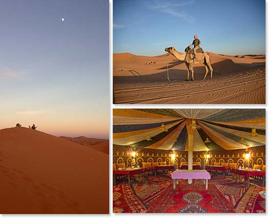 Left: Watching the magical sunset over the dunes of Erg Chebbi; Upper right: Riding a camel through the Sahara desert; Lower right: Our Moroccan style dining room in our tented camps