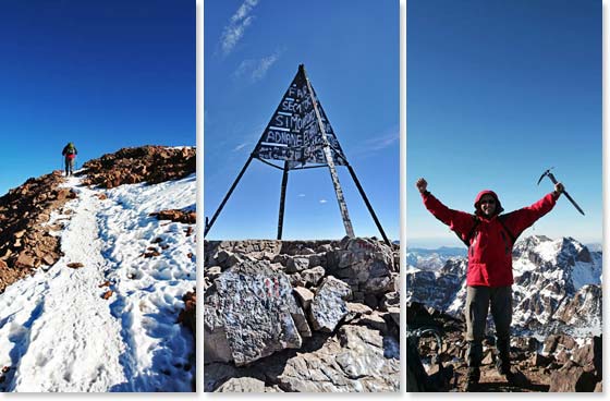 Left: Climbing to the summit of Mount Toubkal; Middle: Reaching the summit; Left: Summit Success at 13, 671ft/4,166m