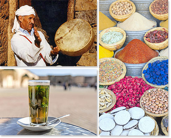 Top left: People of Morocco; Bottom left: Refreshing mint tea; Right: Colors of Morocco