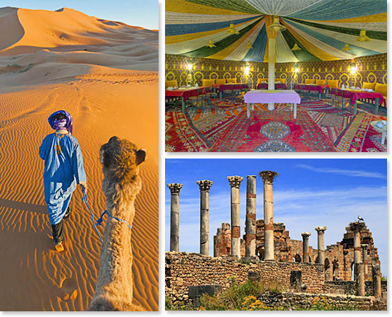 Left: Dessert extension options are available; Top right: Tents in the dessert; Bottom right: Fez has plenty of beautiful tour options