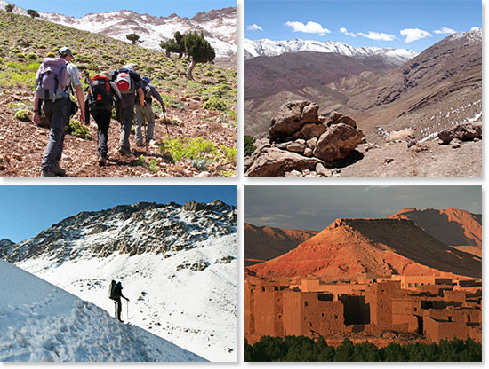 Top left: Hiking in the Atlas Mountains; Top right: Beautiful views along the trails; Bottom left: Climbing Mount Toubkal; Bottom right: Fortresses along the way