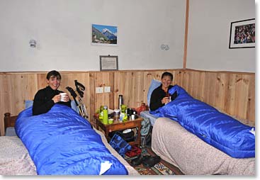 Relaxing in our cozy beds in Namche