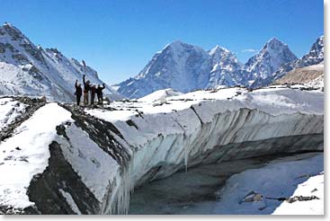 Trekking over the glacial moraine on our way to Base Camp