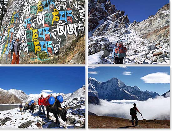 Top left: Trekking to Base Camp; Top right: Climbing the Passes; Bottom left: Yak trains carrying gear to Gokyo; Bottom right: Reflecting on the beautiful surroundings