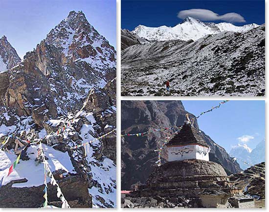 Left: Prayer flags along Renjo La; Top right: Stunning views as we hike the passes; Bottom right: Chortons along the trail