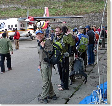 Happy climbers departing Lukla