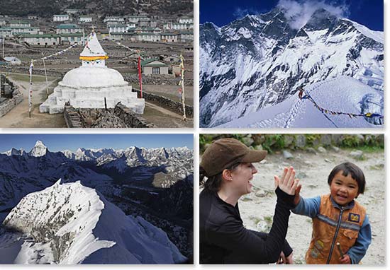 Top left: Chorten along the trails; Top right: Prayer flags on Island Peak; Bottom left: Incredible views of the summit ridge; Bottom right: Happy faces greet us along the trails