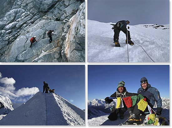 Top left: The approach to Island Peak; Bottom left: Climbing up the summit ridge; Top right: Climbing fixed lines to reach the summit; Bottom right: Summit success!