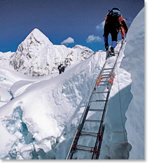 Climbing ladders in the Ice Fall