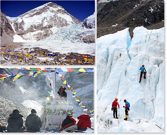 Top left: Everest Base Camp; Bottom left: Pooja ceremony before the climb begins; Right: Practicing on the seracs near Everest Base Camp