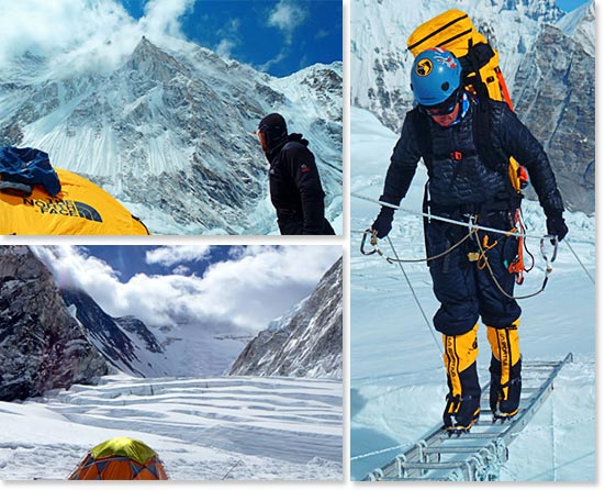 Top right: The excitement of being at Camp I; Bottom left: Looking up from Camp I; Right: Moving above Camp I