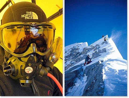 Left: At the South Col: ready to go for the summit!; Right: Climbing the Summit Ridge