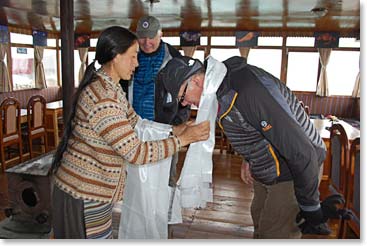 Receiving Khata blessing scarves in Pangboche