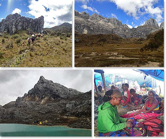 Upper left: Porters carrying loads to Base Camp; Upper right: Towering peaks surround us as we approach base camp; Lower left: Base Camp sits by a stunning blue lake; Lower right: Dani porters at camp
