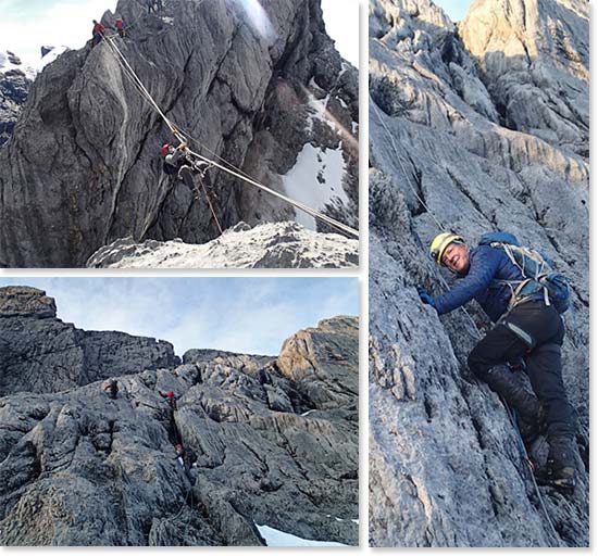 Upper left: Climbers going up on summit day; Lower left: A thrilling Tyrolean traverse near the summit ridge; Right: Climbing fixed lines to the summit