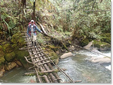 Trekking over bridges to reach our next camp