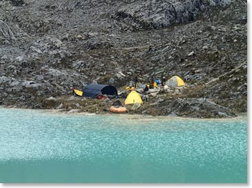 Our Base Camp set up by a beautiful blue lake.