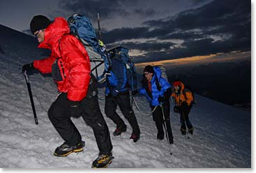 Climbing Mount Elbrus in the early morning light