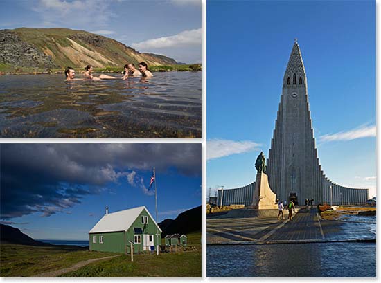 Iceland: natural hot spring, Iceland architecture, and the Hallgrímskirkja church in Reykjavik
