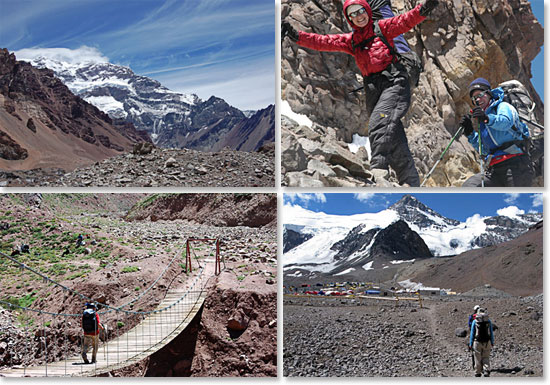 Upper left: The summit of Aconcagua awaits; Upper left: A spirit of fun; Lower left: Crossing the Horcones River; Lower right: Approaching Plaza de Mulas Base Camp