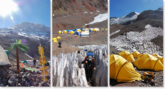 Left: Plaza de Mulas is a fun place to rest; Center: Walking through the penitentes; Right: BAI tents glow in the sunlight