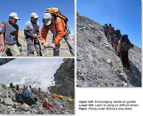 Upper left: Encouraging, hands-on guides; Lower left: Learn to camp on difficult terrain; Right: Hiking under Bolivia’s blue skies