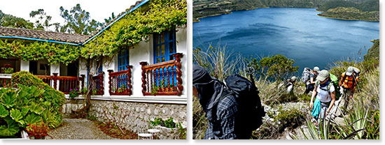 Left: The beautiful Hacienda Cusin; Right: Hiking Guinea Pig Lake