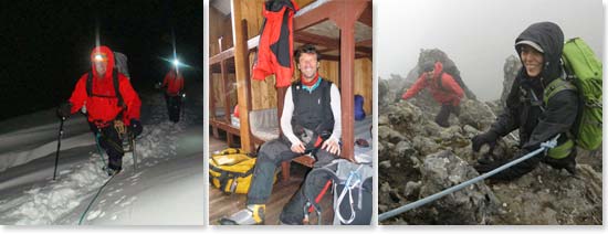 Left: Alpine Start; Center: Leaving from the huts, makes it easier
Right: Good rain gear will be required for our trekking peaks