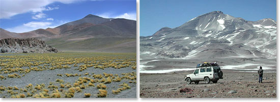 Left: Sandy peaks of the Atacama Desert; Right: Our Land Cruiser at the base of Ojos del Salado