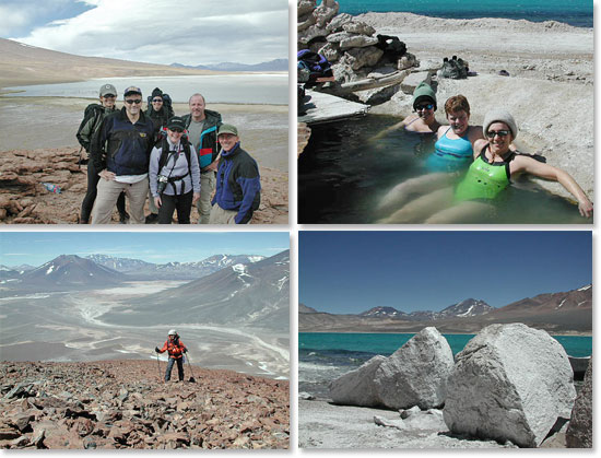 Uppder left: Group shot at Laguna Santa Rosa; <strong>Upper right: Recovering in natural hot springs; Lower left: Approaching the summit of an unnamed peak; Lower right: Boulders on the lake shore