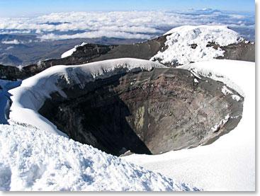 The Cotopaxi crater - At its summit, Cotopaxi has an 800 X 550 m wide crater which is 250 m deep.