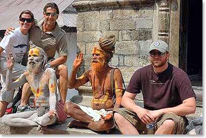 Todd, Joselyn and Guy with the holy men at Pashupati