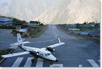 The team relaxing in Lukla and watching the planes come and go.