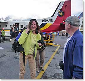 Tracy and the rest of our team happily arrive at the airport in Lukla.