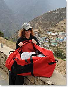 Caroline returns from shopping in Namche.