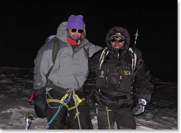 Paul and Juancho climbed all the way to the top together - here they pose on the very summit, after it has gotten dark and before they begin to descend