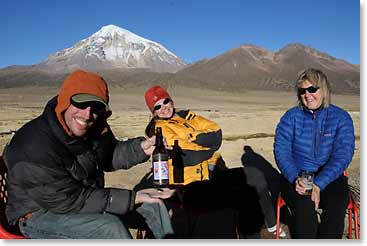 On the 28th when we returned to our hostel, it was time for celebration.  Adam toasts with a bottle of our favorite  Bolivian beer.