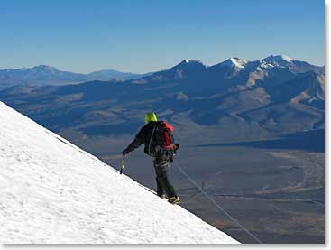 Osvaldo leading the team to the summit of Sajama