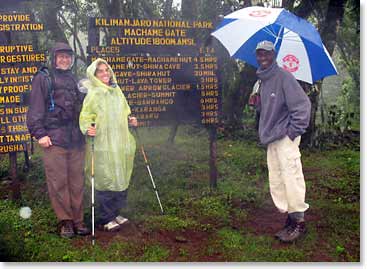 : John and Ellyn getting ready at Machame Gates to start their climb.