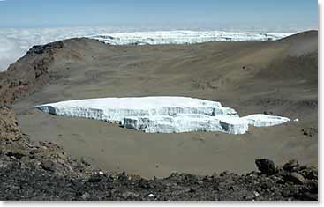 Looking into the crater, we can see a beautiful glacier