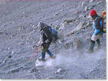 Scree skiing down Kili