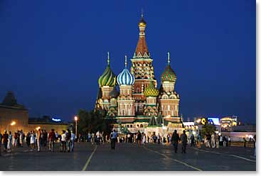 Team enjoys dinner at the prestigious One Red Square Restaurant and then they view the magnificent lights in Red Square, especially on St. Basil's Cathedral. 