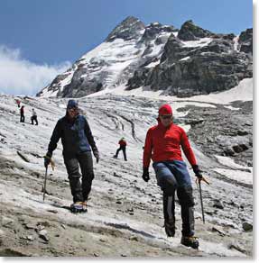 Martina and Klaus practice using their crampons