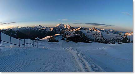 An early morning view of the barrels from the snow cat heading up to Pashtukov Rocks