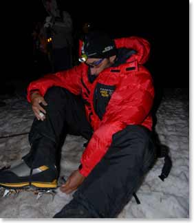 Michael getting geared up before boarding the snow cat