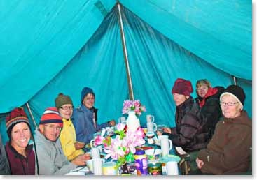 Group gathers for refueling in the dinning tent