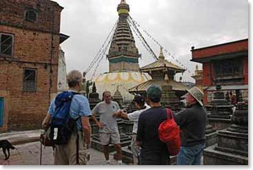 Our team takes a minute to gather in front of the Swayambhunath, or Monkey Temple. The temple got it’s name because of the “holy monkeys” that live in the area