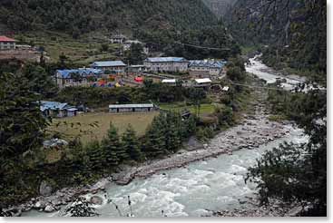 Stunning view from the trail of the little village of Phakding. The group spent one night here and dozed off listening to the roaring Dudh Kosi Rive