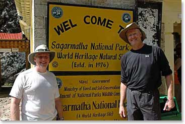 Mitchell and Rick stand in front of the sign to Sagarmatha National Park. The park was created in July 19, 1976 in efforts to keep the area to base camp protected